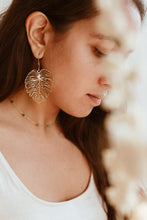 Load image into Gallery viewer, Monstera leaf charm earrings with dainty gemstone