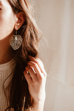 Load image into Gallery viewer, Monstera leaf charm earrings with dainty gemstone