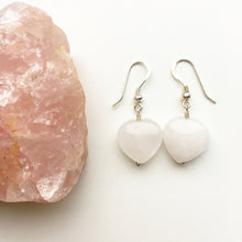 Load image into Gallery viewer, Love heart rose quartz earrings ~ genuine rose quartz drop earrings