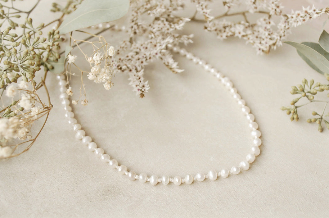 Deco necklace ~ timeless freshwater pearl knotted necklace with sterling silver clasp