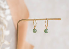 Load image into Gallery viewer, Orbit gold hoop earrings with green Jade charm
