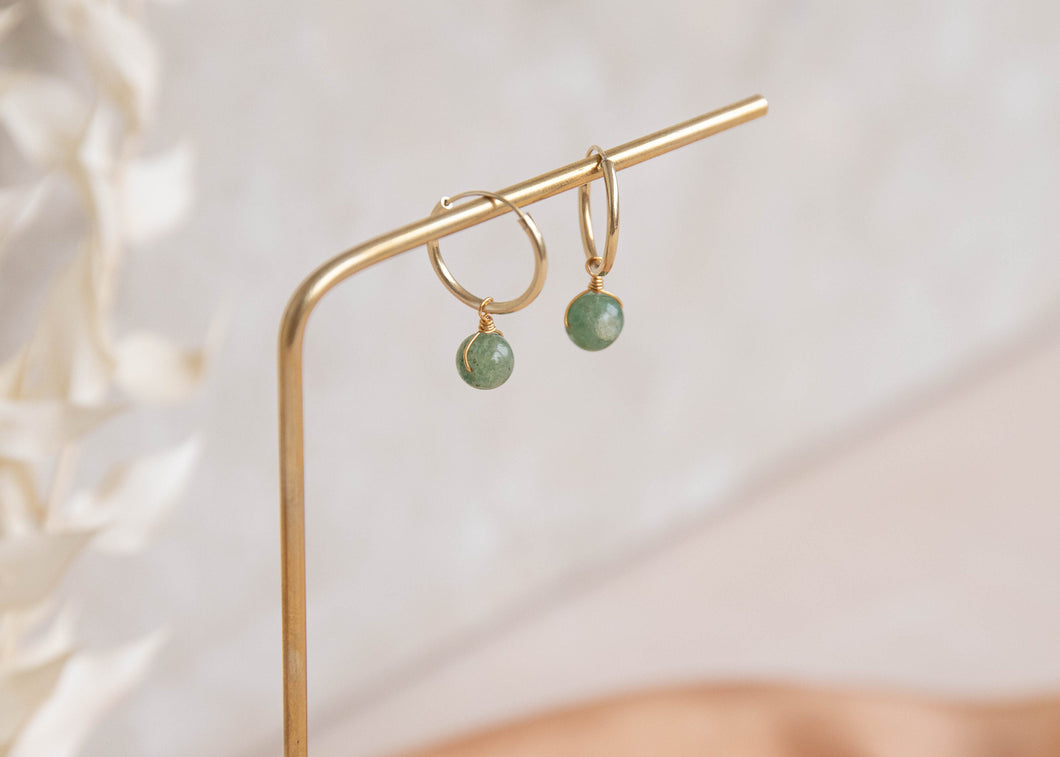 Orbit gold hoop earrings with green Jade charm