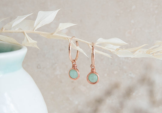 Infinity rose gold filled hoop earrings with wirewrapped green Jade charm