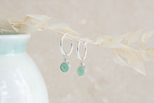 Load image into Gallery viewer, Infinity rose gold filled hoop earrings with wirewrapped green Jade charm