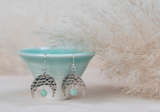 Diana aqua jade and silver crescent moon earrings