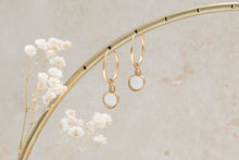 Load image into Gallery viewer, Infinity silver hoop earrings with natural rainbow moonstone charm