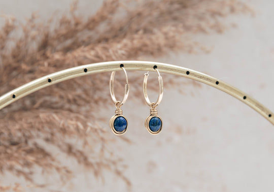 Infinity gold filled hoop earrings with natural lapis lazuli gemstone charms