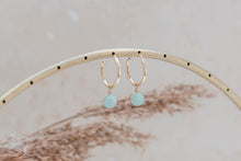 Load image into Gallery viewer, Orbit gold hoop earrings with pale aqua jade charm