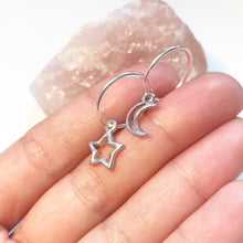 Load image into Gallery viewer, Celestial hoops with tiny moon and star charms earrings