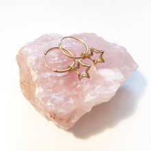 Load image into Gallery viewer, Celestial hoops with tiny star and moon charms earrings
