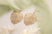 Load image into Gallery viewer, Monstera leaf charm earrings with dainty gemstone