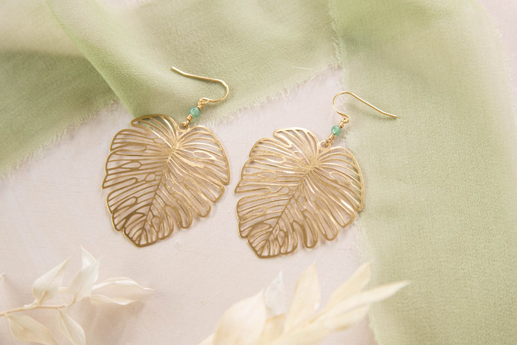 Monstera leaf charm earrings with dainty gemstone