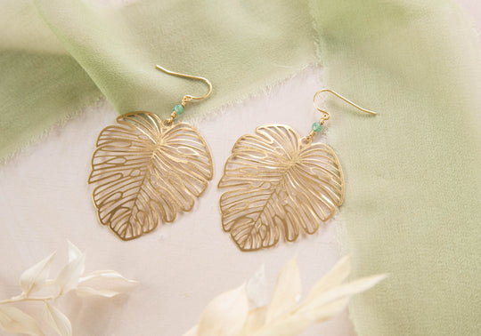 Monstera leaf charm earrings with dainty gemstone