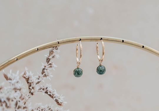 Orbit olive jade silver hoop earrings