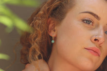 Load image into Gallery viewer, Orbit gold hoop earrings with pale aqua jade charm