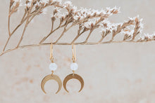 Load image into Gallery viewer, Luna natural rainbow moonstone gold moon earrings