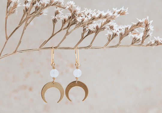Luna natural rainbow moonstone gold moon earrings