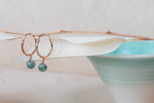 Load image into Gallery viewer, Orbit rose gold hoops ~ wire wrapped sage green Jade charm earrings
