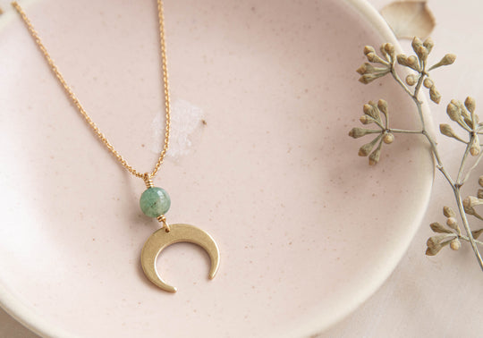 Luna moon necklace with real green jade