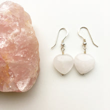 Load image into Gallery viewer, Love heart rose quartz earrings ~ genuine rose quartz drop earrings
