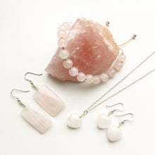 Load image into Gallery viewer, Love heart rose quartz earrings ~ genuine rose quartz drop earrings
