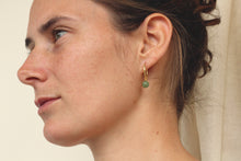 Load image into Gallery viewer, Orbit rose gold hoops ~ wire wrapped sage green Jade charm earrings
