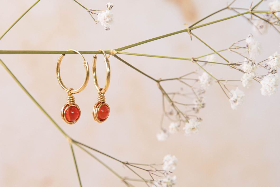 Infinity charm carnelian gemstone hoop earrings
