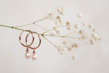 Load image into Gallery viewer, Orbit rose gold hoops with pink peach pearl charm earrings
