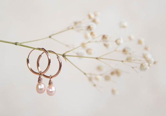 Orbit rose gold hoops with pink peach pearl charm earrings