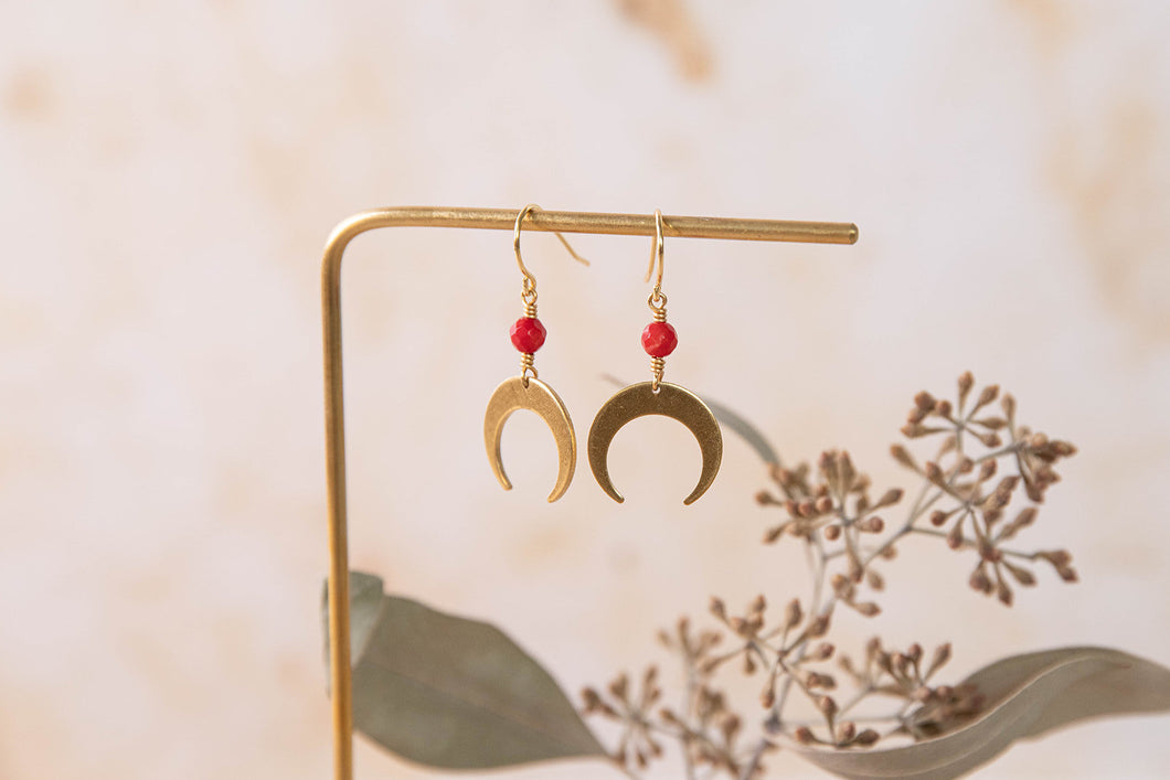 Luna moon earrings with upcycled faceted red coral beads