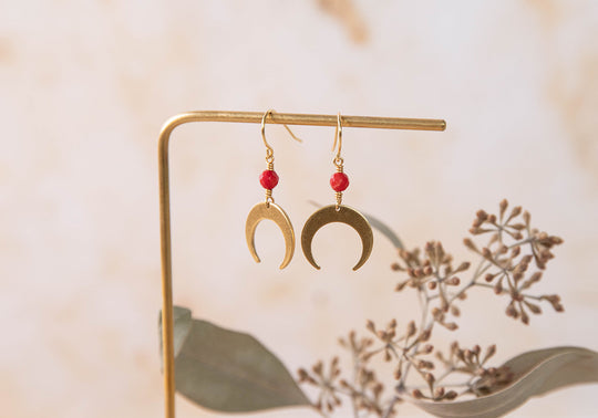 Luna moon earrings with upcycled faceted red coral beads