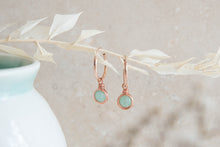 Load image into Gallery viewer, Infinity rose gold filled hoop earrings with wirewrapped green Jade charm
