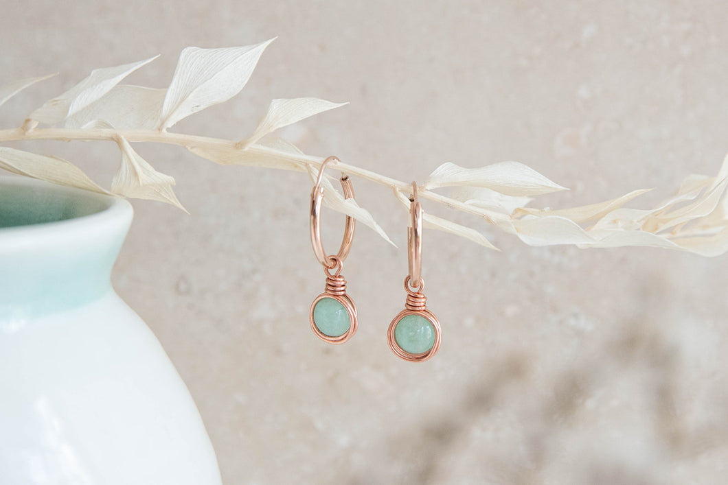 Infinity rose gold filled hoop earrings with wirewrapped green Jade charm