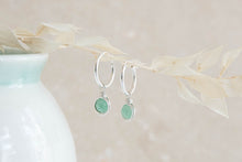 Load image into Gallery viewer, Infinity rose gold filled hoop earrings with wirewrapped green Jade charm
