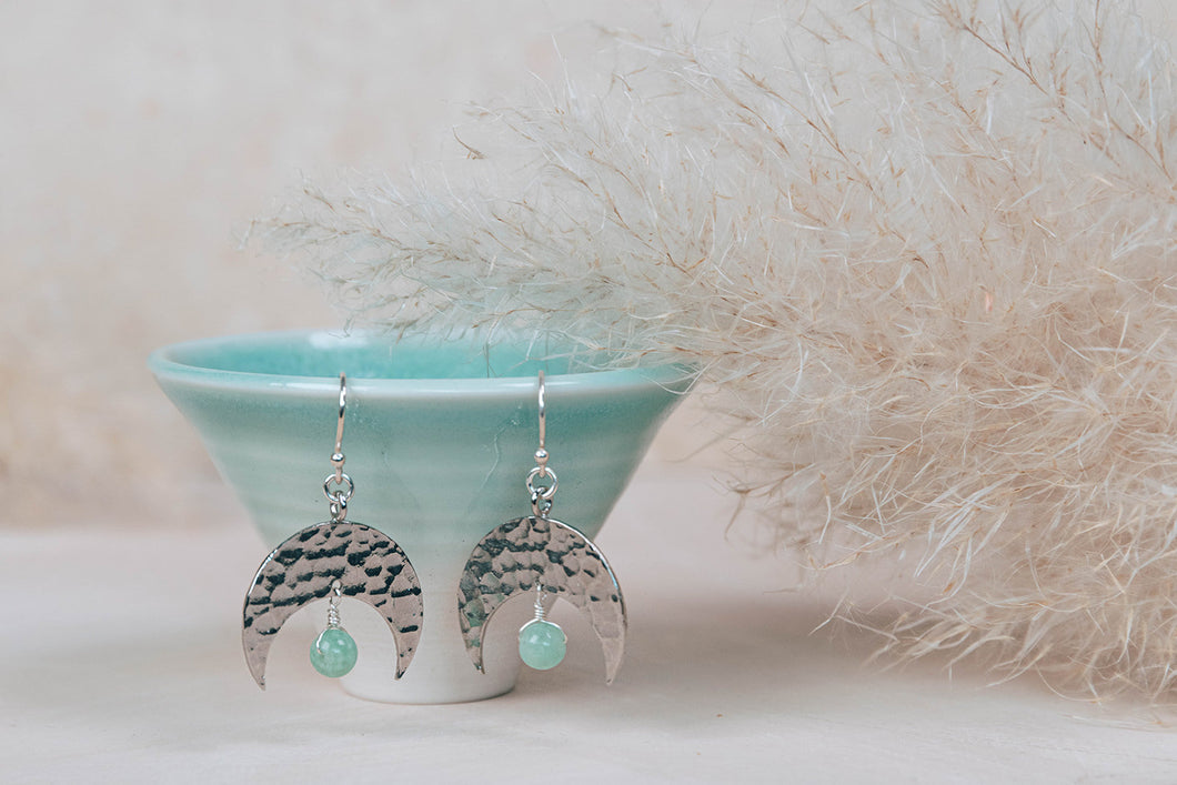 Diana aqua jade and silver crescent moon earrings