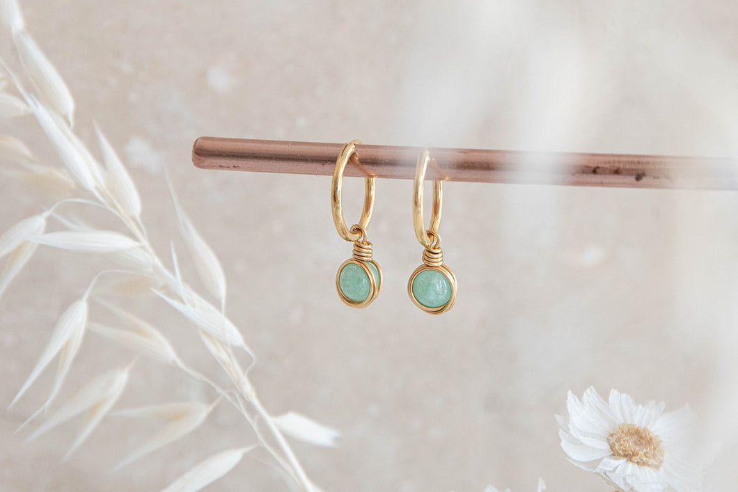 Infinity gold filled hoop earrings with wirewrapped green Jade charm
