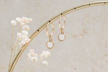Load image into Gallery viewer, Infinity silver hoop earrings with natural rainbow moonstone charm
