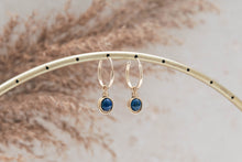 Load image into Gallery viewer, Infinity gold filled hoop earrings with natural lapis lazuli gemstone charms
