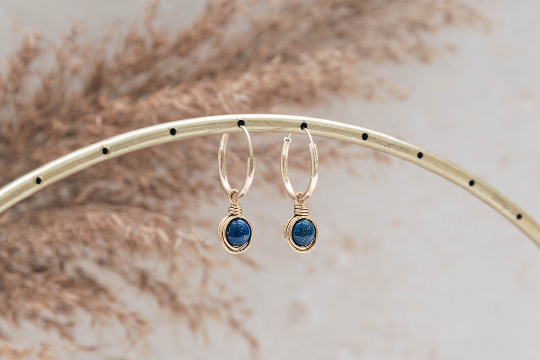Infinity gold filled hoop earrings with natural lapis lazuli gemstone charms