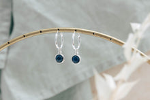 Load image into Gallery viewer, Infinity gold filled hoop earrings with natural lapis lazuli gemstone charms
