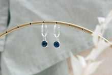 Load image into Gallery viewer, Infinity sterling silver hoop earrings with natural lapis lazuli gemstone charms
