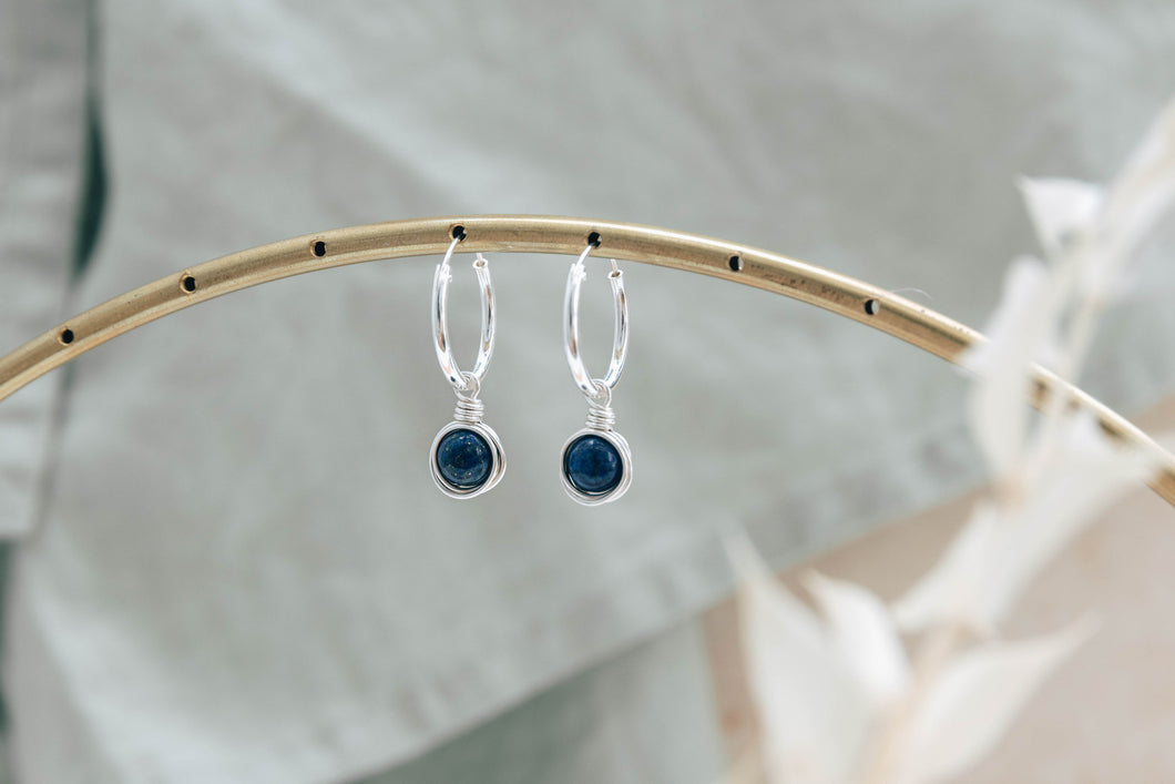 Infinity sterling silver hoop earrings with natural lapis lazuli gemstone charms