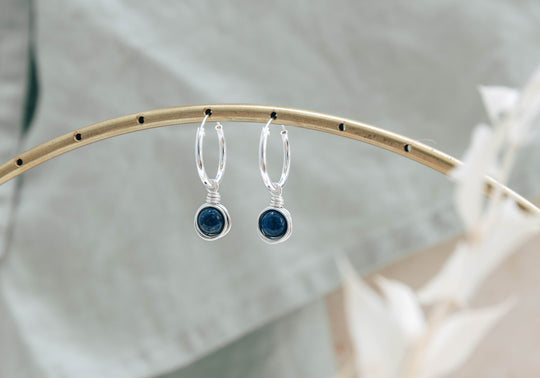 Infinity sterling silver hoop earrings with natural lapis lazuli gemstone charms