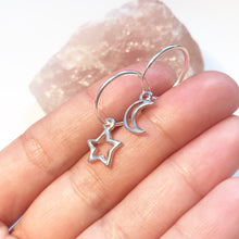 Load image into Gallery viewer, Celestial hoops with tiny moon and star charms earrings

