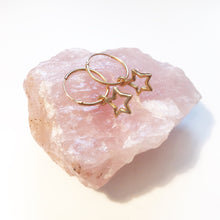 Load image into Gallery viewer, Celestial hoops with tiny star and moon charms earrings
