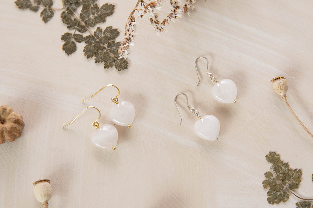 Love heart rose quartz earrings ~ genuine rose quartz drop earrings
