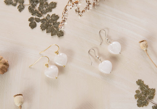 Love heart rose quartz earrings ~ genuine rose quartz drop earrings