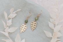 Load image into Gallery viewer, Leaf earrings in gold with real apple jade
