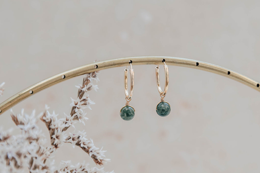 Orbit olive jade silver hoop earrings
