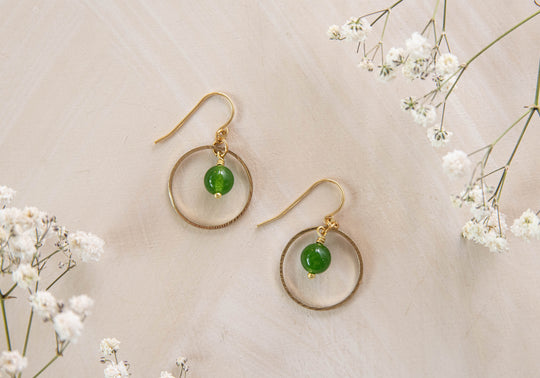 Orbit earrings with green Jade charm